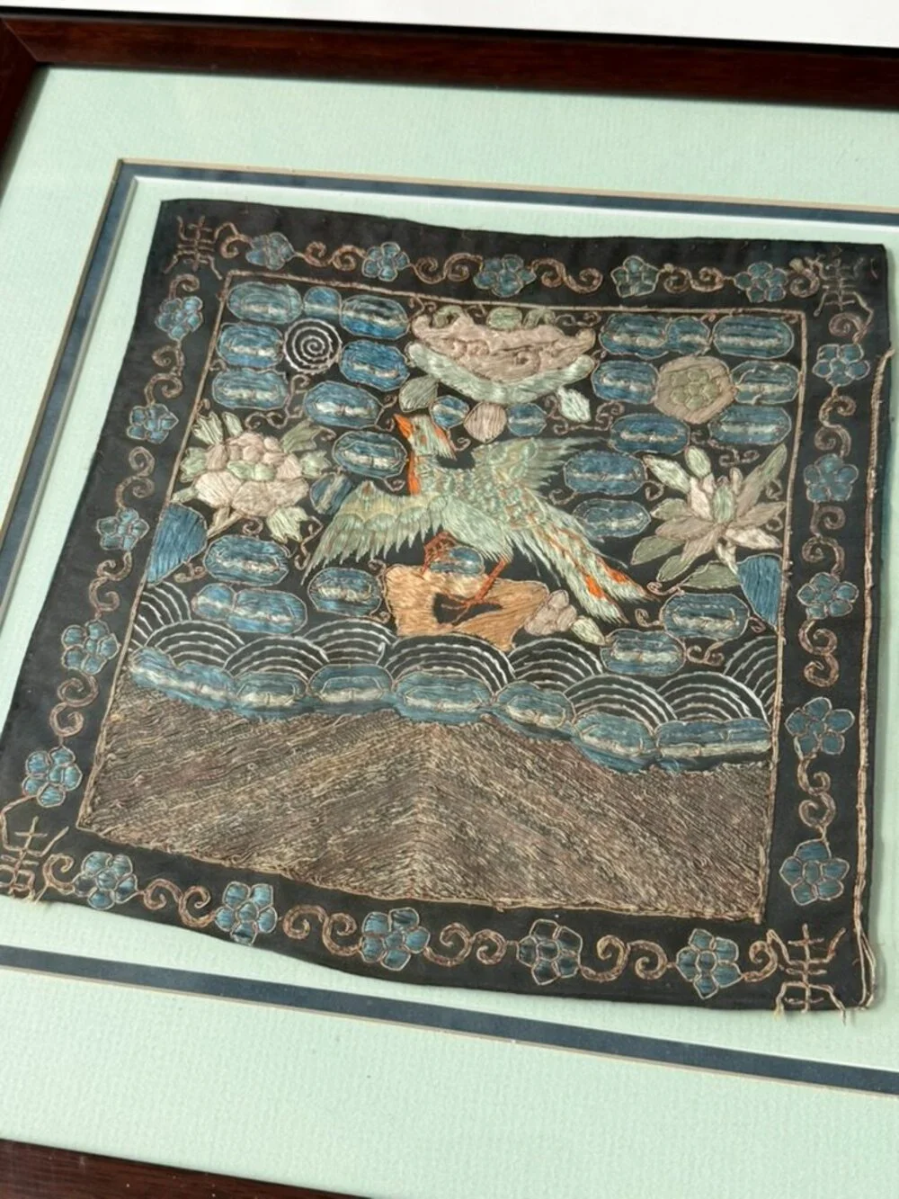 Chinese Embroidered Silk Rank Badge Buzi Framed Antique Vintage Wall Art Square